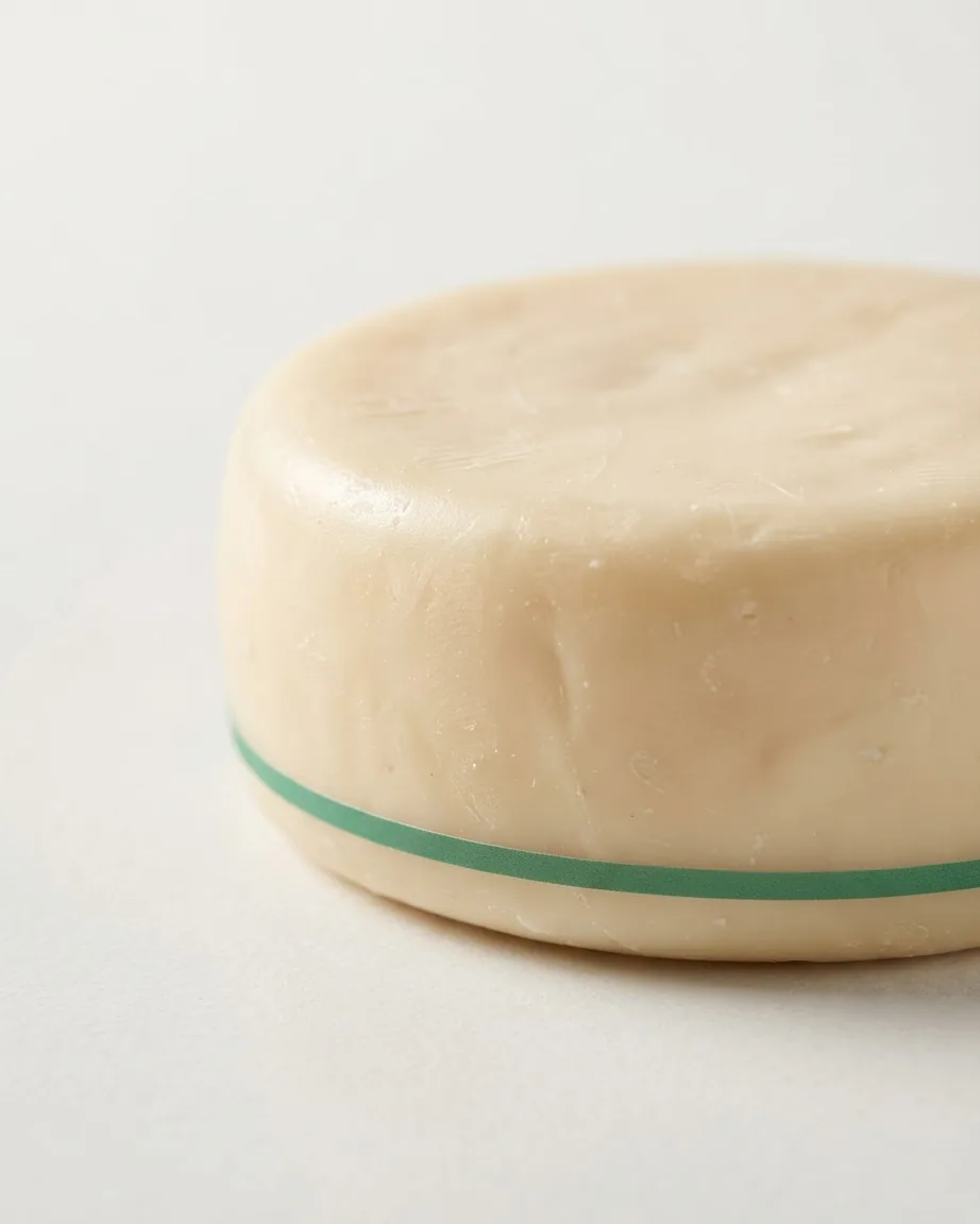 Extreme close-up of a single pale cream cheese wheel with a thin green band resting on a light surface.