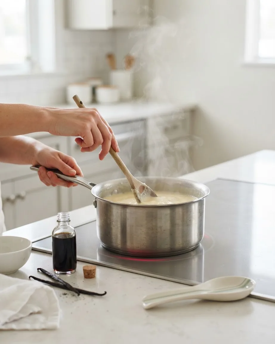 Hands stir steaming custard in a saucepan on a stovetop beside a small bottle of dark vanilla extract and vanilla pods.