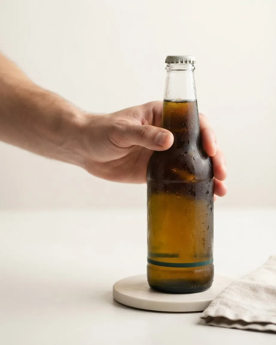 A hand reaches toward a chilled amber cider bottle resting on a round coaster.