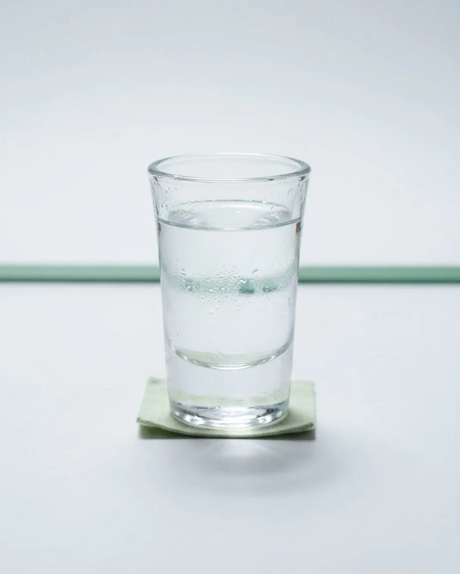 A clear glass filled with transparent liquid sits on a pale green coaster against a light gray background.
