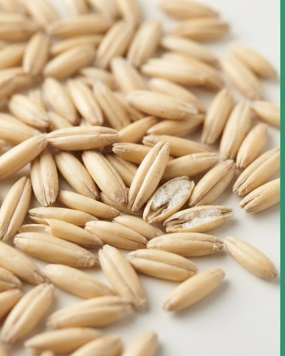 Extreme close-up of pale golden oat grains scattered on a white surface, with several split open to reveal their interiors.