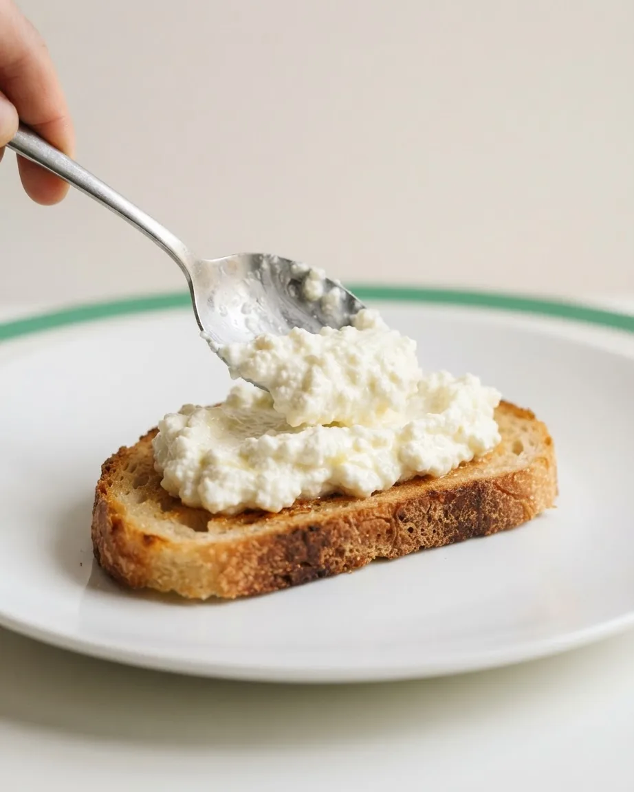 A hand spoons creamy white ricotta onto a slice of toasted bread on a plate.