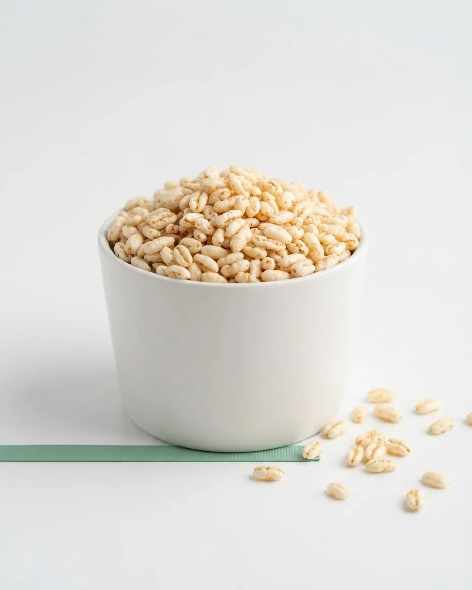 A white ceramic cup filled with puffed rice cereal on a plain white surface, with scattered grains beside it.