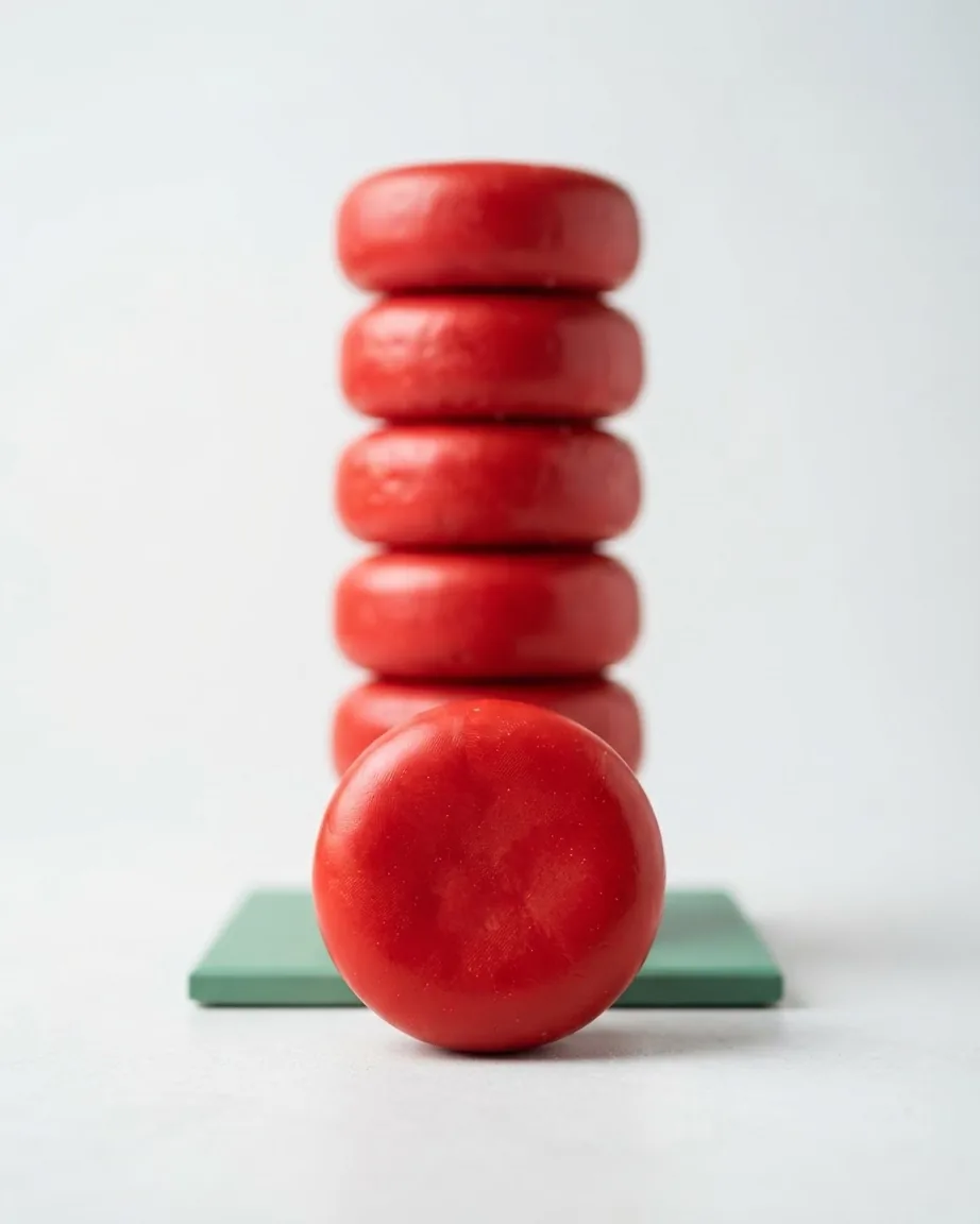 A red wax-covered cheese wheel stands in front of five stacked red wheels on a green platform against a pale background.