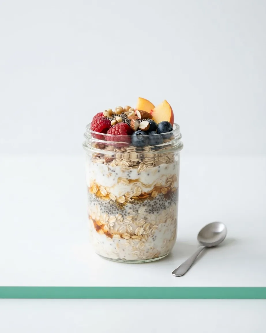 Glass jar of layered overnight oats topped with berries, peach slices and nuts, with a spoon beside it.