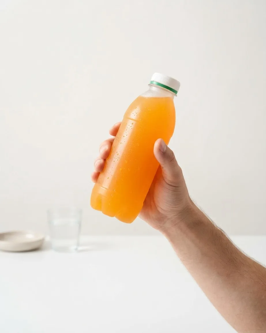 A hand holds a chilled unlabeled bottle filled with an orange beverage against a plain light background.