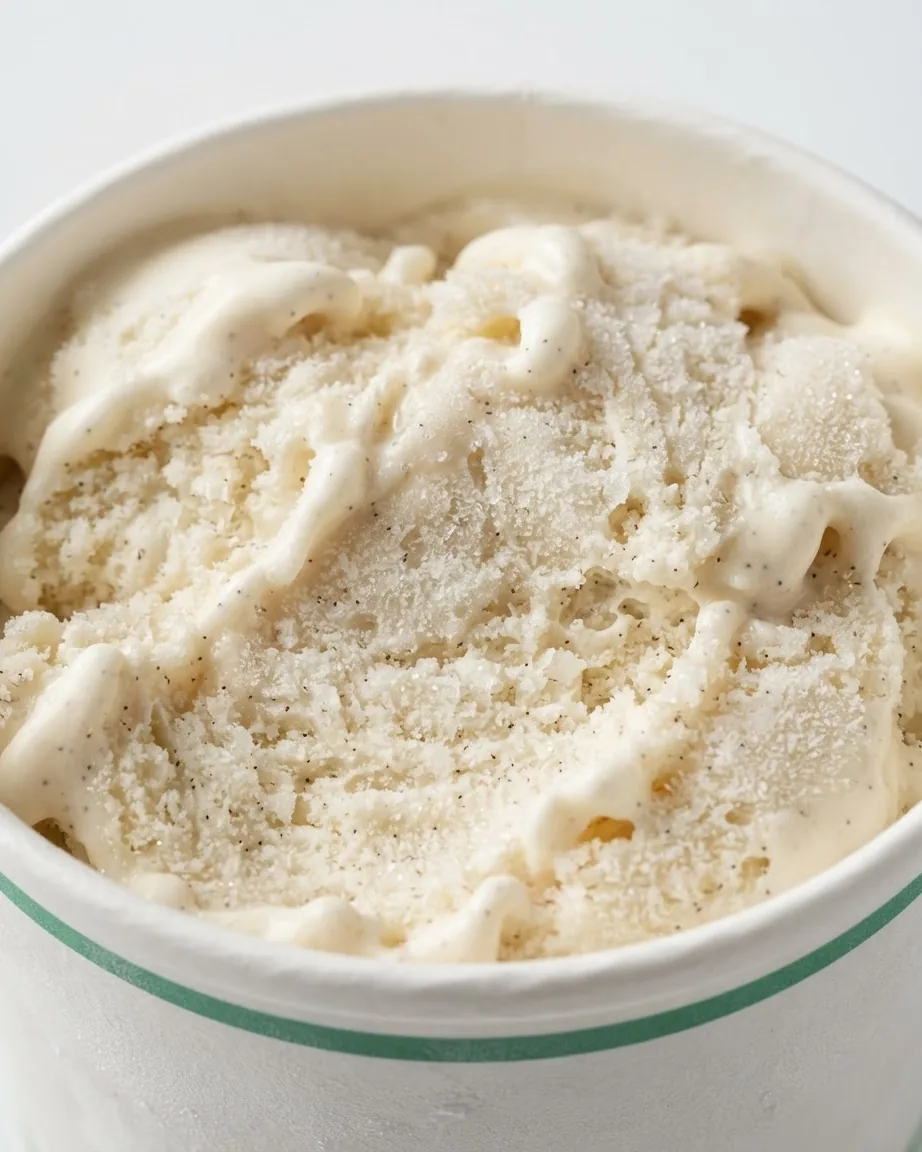 Close-up of creamy vanilla ice cream with visible specks in a paper cup.