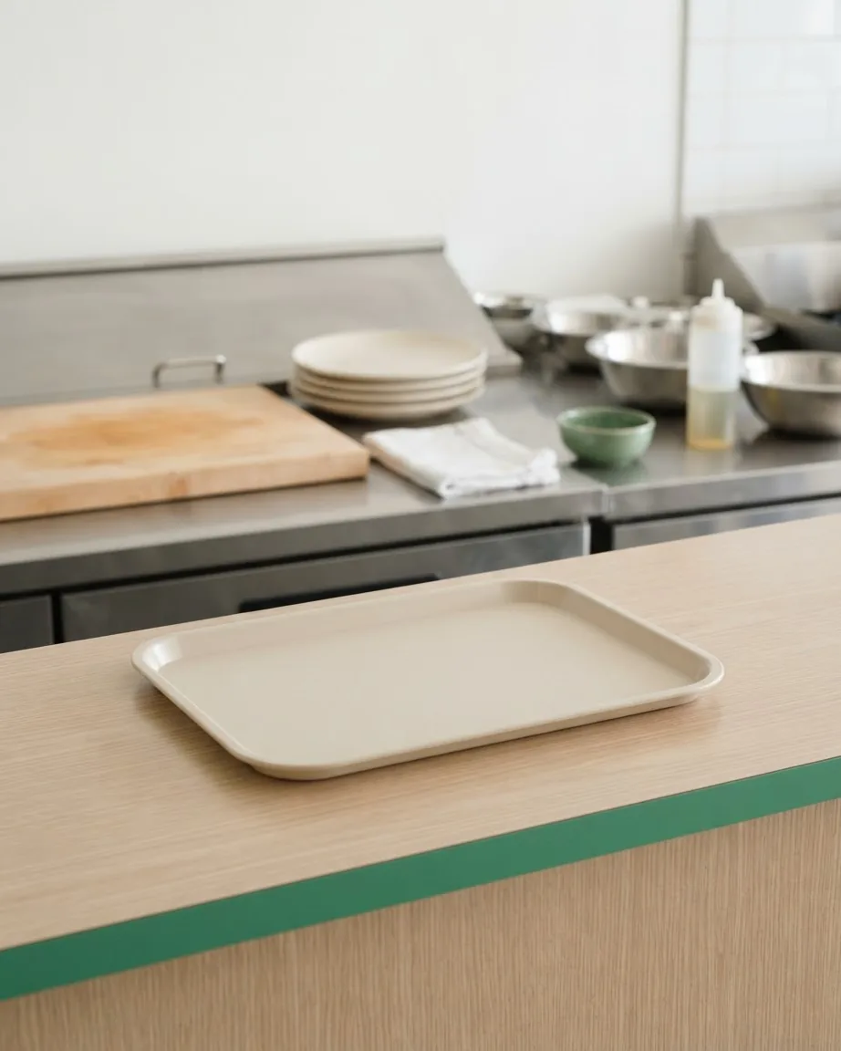 An empty beige tray on a wooden restaurant counter, with stacked plates, bowls, and kitchen utensils behind it.