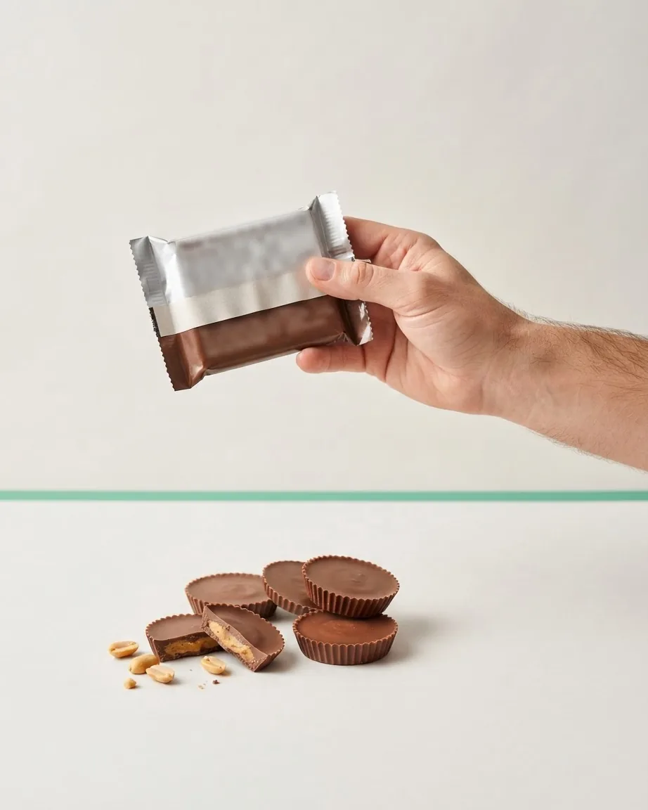 A hand holds an unbranded candy wrapper above several chocolate peanut butter cups and scattered peanuts.