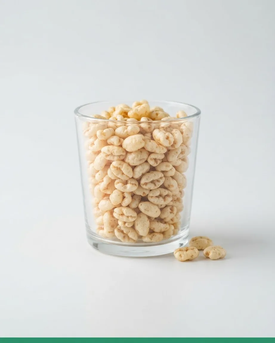 A clear glass cup filled with pale puffed cereal sits on a plain white surface.