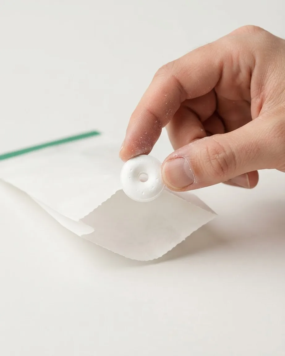 A hand holds a single white ring-shaped mint above an opened white paper bag on a light surface.