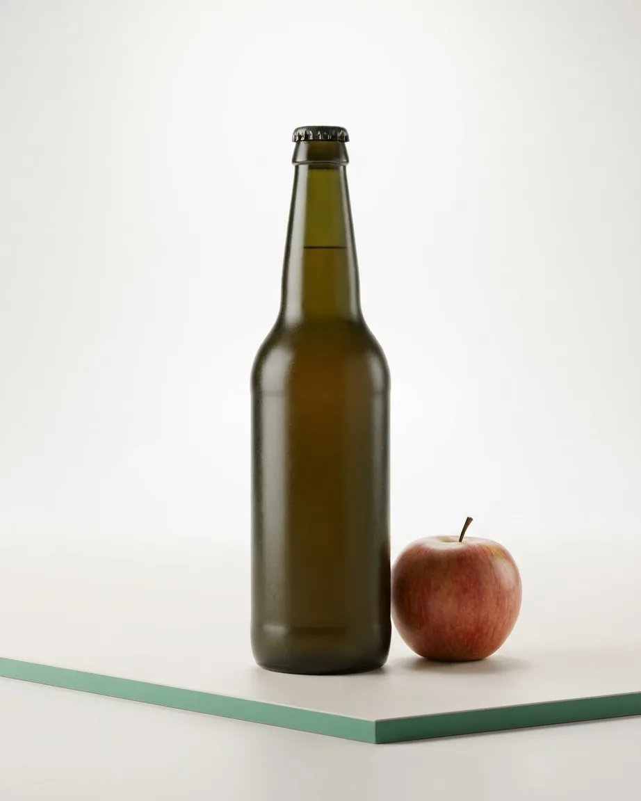 Tall unlabelled dark glass bottle beside a red apple on a pale tabletop.