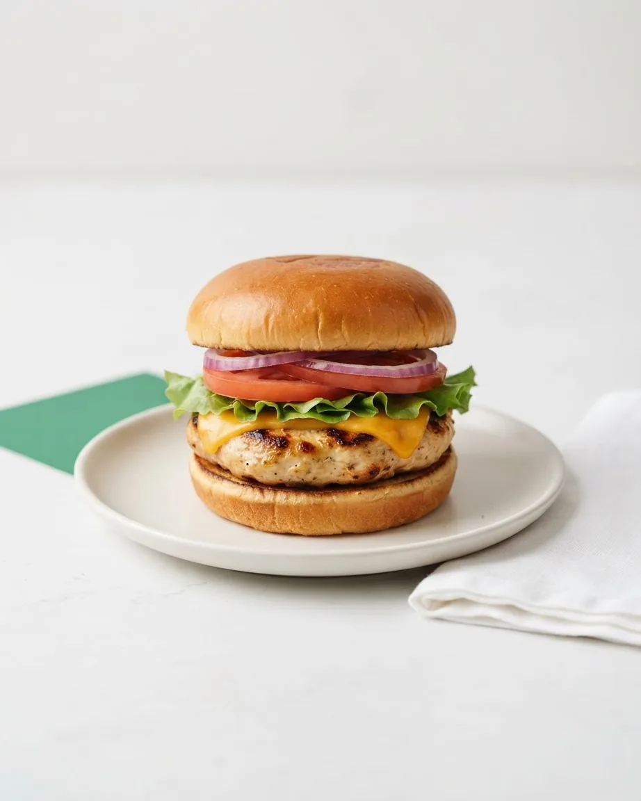A grilled burger with melted cheese, lettuce, tomato, and red onion on a toasted bun, served on a white plate.