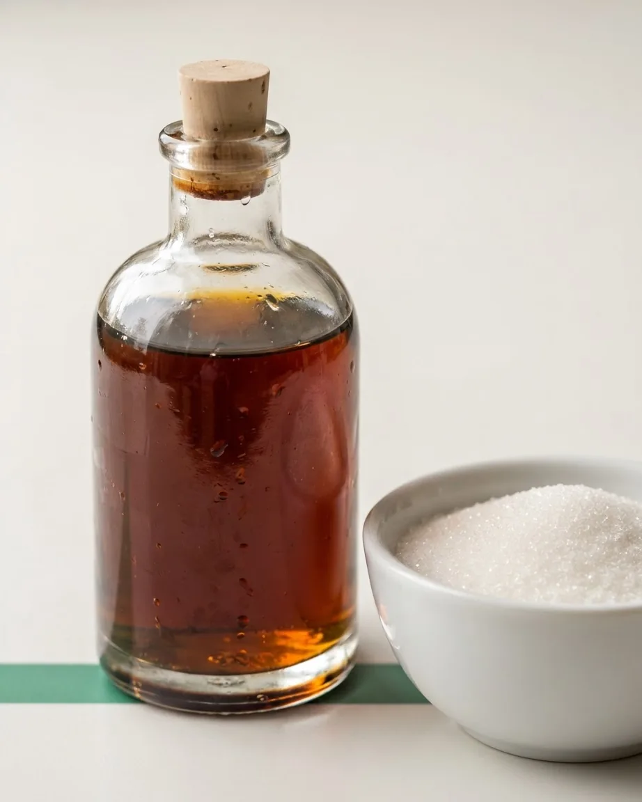 A corked glass bottle filled with amber liquid stands beside a white bowl of granulated sugar.