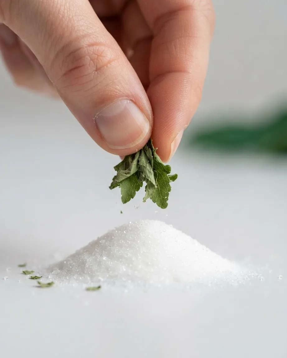 A hand pinches dried green leaves above a small mound of white crystalline granules.